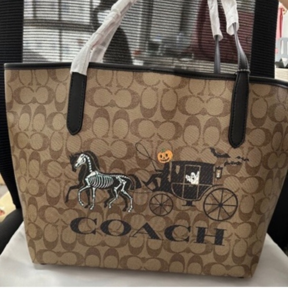 Coach Brown Signature Tote with Halloween Patchwork
